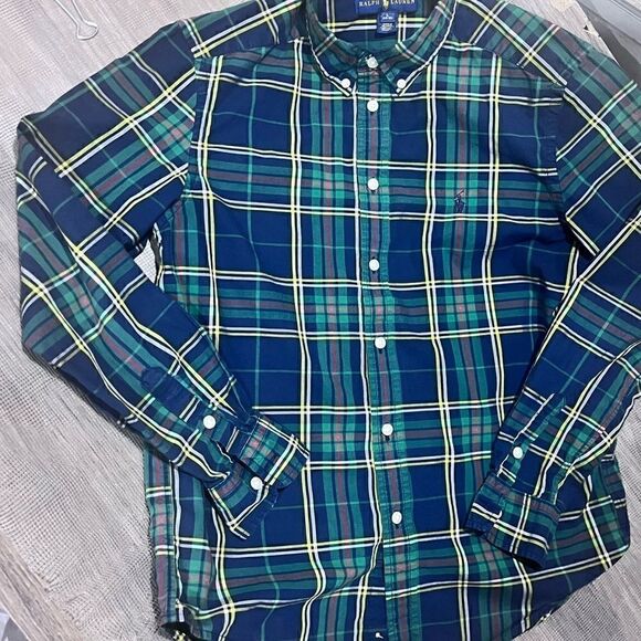 RALPH LAUREN BUTTON DOWN GREEN BLUE RED PLAID SIZE L BOYS 10/12 - Picture 2 of 3